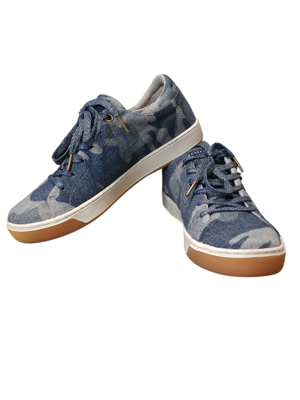 Skechers Blue Denim Camouflage Memory Foam Casual Sneakers Gold Accents Sz 8